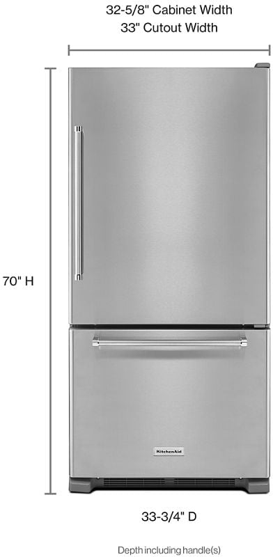 KitchenAid KRBR102ESS 33 Inch Bottom Mount Refrigerator with 22 cu. ft. Capacity ExtendFresh Temperature System Produce Preserver Spill Resistant Shelves Humidity Controlled Crispers Pantry Drawer Win...