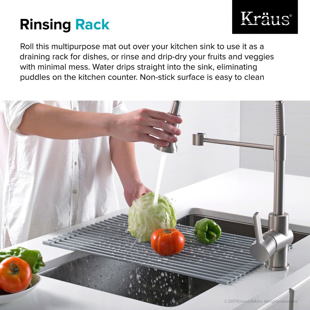 Kraus KRM10GREY Grey Multipurpose Over Sink Roll Up Dish Drying Rack with Silicone Coated Stainless Steel Rust Resistant and Non Slip Food Safe Silicone Coating Heat Resistant up to 400 F Easy to Stor...