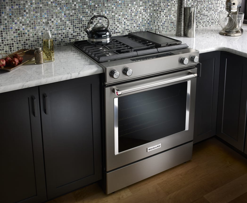 KitchenAid KSDG950ESS 30 Inch Slide in Dual Fuel Range with 4 Sealed Burners 17 000 BTU 6.4 cu. ft. Convection Oven Built in Downdraft Ventilation and Glass Touch Controls