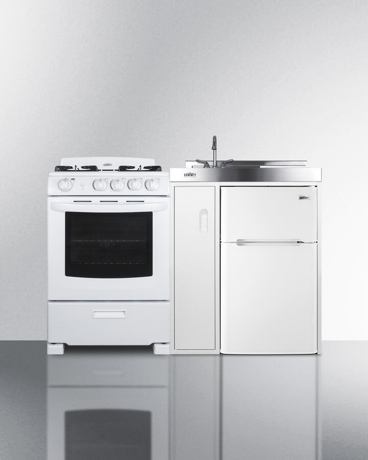 Summit ACK54GASW 54 Inch All In One Kitchenette with Gas Range 2 Door Refrigerator Freezer Sink Faucet Storage Compartment Stainless Steel Countertop Removable Cutting Board and Stainless Steel Backgu...