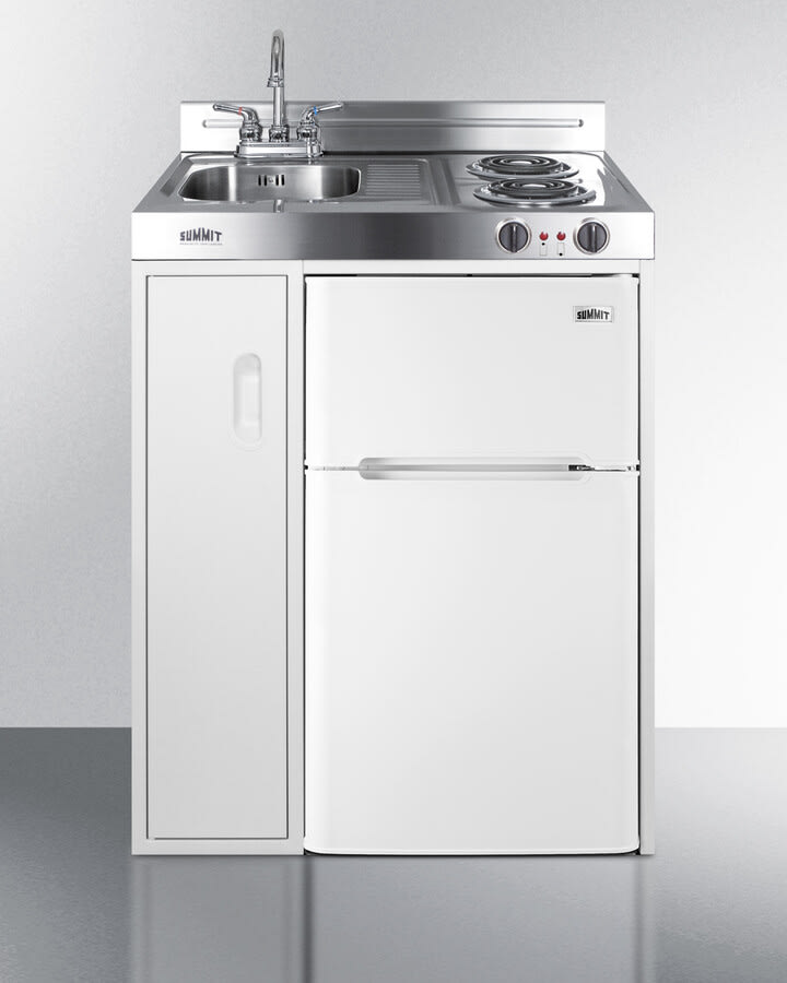 Summit C30EL 30 Inch Combination Kitchen with 3.2 cu. ft. Top Freezer Refrigerator 2 Coil Burners Stainless Steel Countertop Sink Faucet Storage Cabinet Push To Turn Knobs Indicator Lights and Stainle...