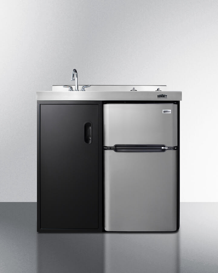 Summit CK36ELGLASS 36 Inch All In One Kitchenette with Top Freezer Refrigerator 2 Burner Smooth Top Cooktop Sink Faucet Storage Compartment Stainless Steel Countertop Backguard and CARB Compliant