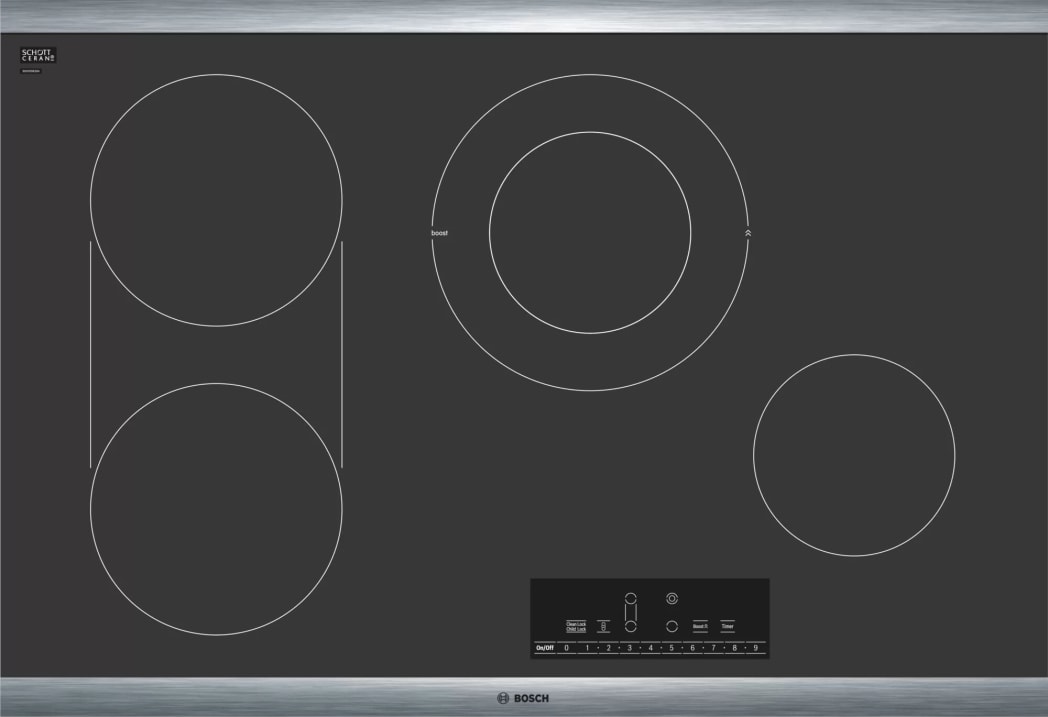 Bosch NET8069SUC 30 Inch Electric Cooktop with 4 Elements Ceramic Glass Surface Bridge Element Dual Elements SpeedBoost and Automatic Shut Off Stainless Steel Frame