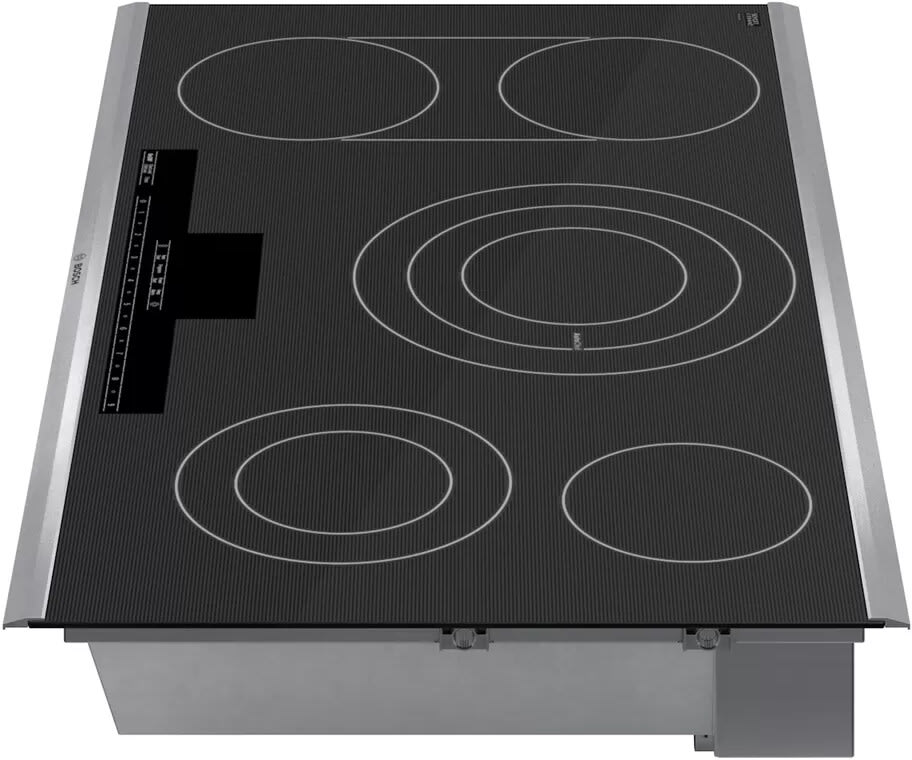 Bosch NETP669SUC 36 Inch Electric Cooktop with 5 Elements Ceramic Glass Surface Bridge Element Three Zone 11 Heating Element Dual Elements AutoChef and ChildLock