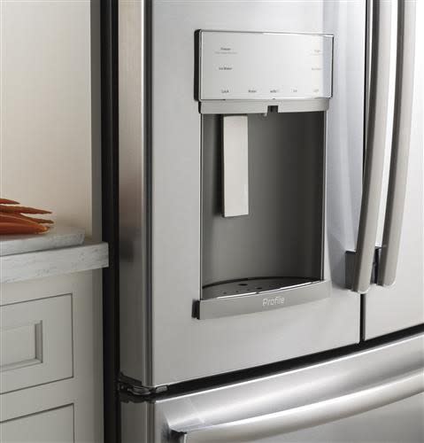 GE PFE28KYNFS 36 Inch French Door Refrigerator with 27.8 cu. ft. Capacity TwinChill Turbo Cool Temperature Controlled Drawer Autofill Dispenser Ice Maker Advanced Filtration Enhanced Shabbos Mode ADA ...