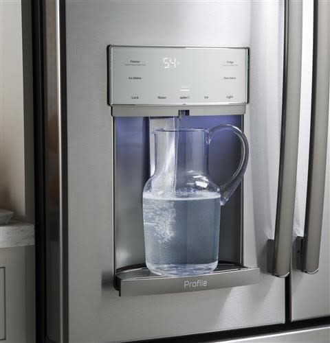 GE PFE28KYNFS 36 Inch French Door Refrigerator with 27.8 cu. ft. Capacity TwinChill Turbo Cool Temperature Controlled Drawer Autofill Dispenser Ice Maker Advanced Filtration Enhanced Shabbos Mode ADA ...