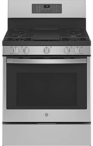 GE PGB935YPFS 30 Inch Gas Smart Range with 5 Sealed Burners 5.6 cu. ft. Capacity True Convection Oven Storage Drawer Continuous Grates Air Fry Enhanced Shabbos Mode Capable Self Clean with Steam Clean