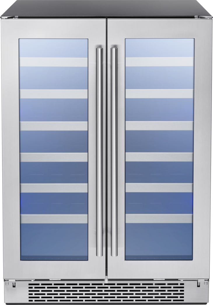 Zephyr PRW24C32BG 24 Inch Dual Zone French Door Wine Cooler with 5.15 Cu.  Ft. Capacity, PreciseTemp™, Active Cooling Technology, Vibration Dampening,  3-Color LED Lighting, Full Extension Wood Racks, Sabbath Mode and Star-K