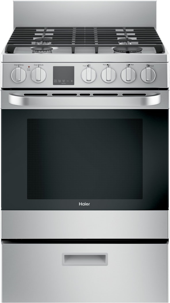 Haier QGAS740RMSS 24 Inch Freestanding Gas Range with 4 Sealed Burners 2.9 cu. ft. Oven Capacity Storage Drawer Continuous Grates Gas Fan Convection In Oven Broiling Steam Clean Modular Backguard CSA ...