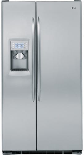 GE PSDS3YGXSS 23.2 cu. ft. Counter Depth Side by Side Refrigerator with 3 Glass Shelves LED Lighting External PreciseFill Ice Water Dispenser and Color LCD Controls Stainless Steel