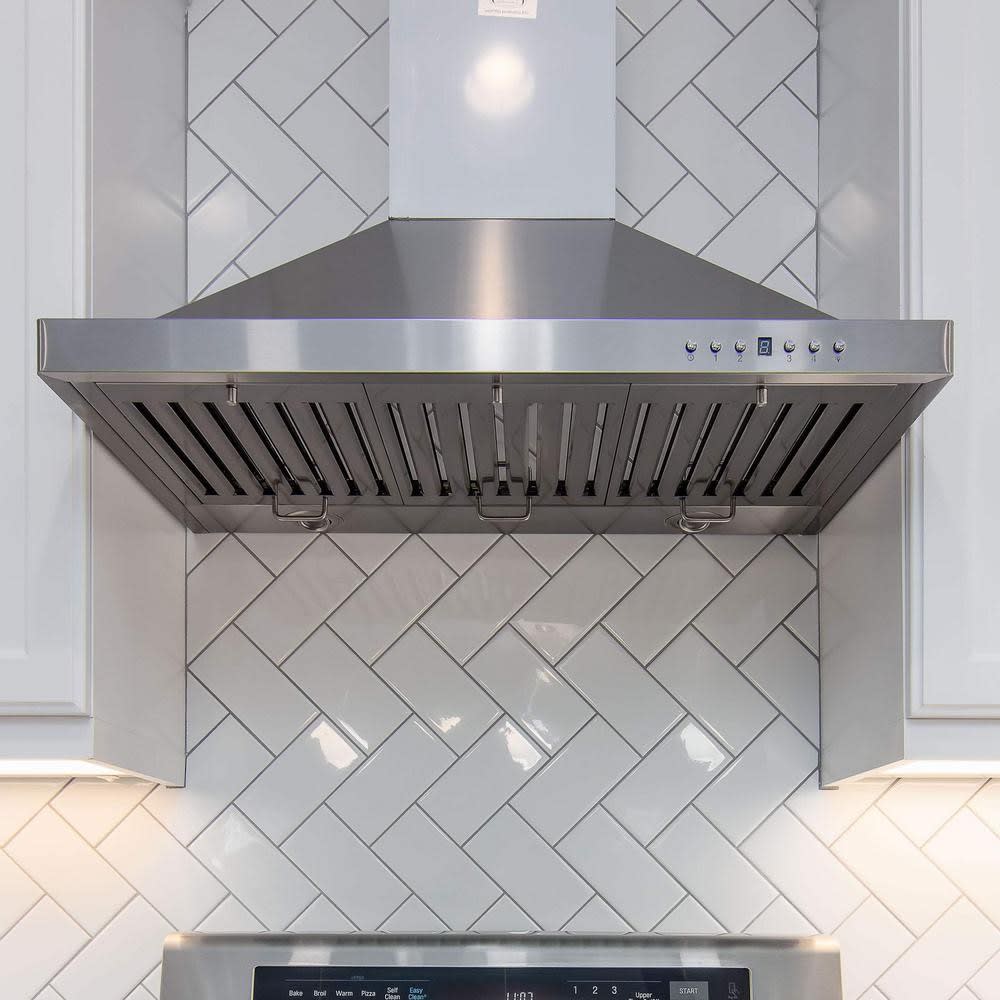 ZLINE KB36 Wall Mount Range Hood with 4 Speed 400 CFM Blower Stainless Steel Baffle Filters Directional LED Lighting Damper and Delay Shutoff 36