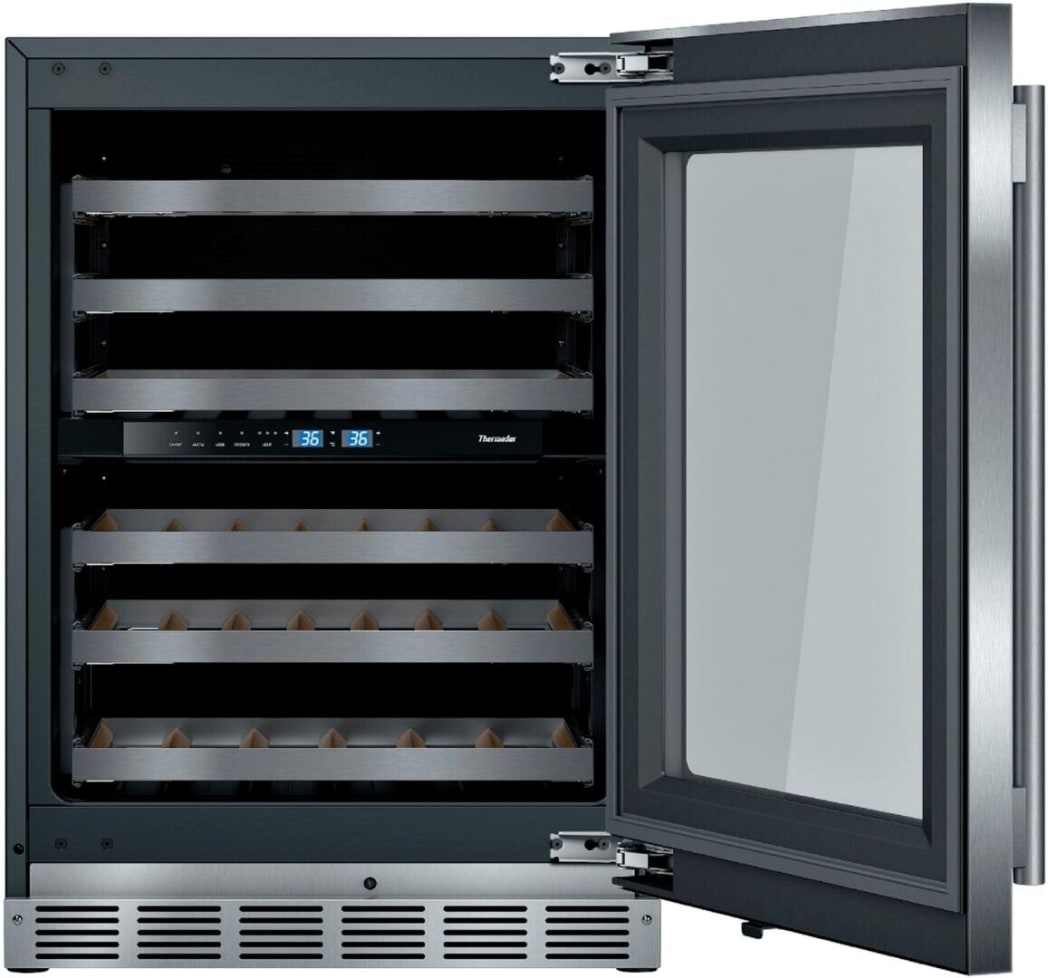 Thermador T24UW915RS 24 Inch Undercounter Dual Zone Wine Cooler with 41 Bottle Capacity 6 Shelves Full Extension Racks Touch Electronic Controls UV Resistant Tempered Glass Door and LED Theater Lighti...