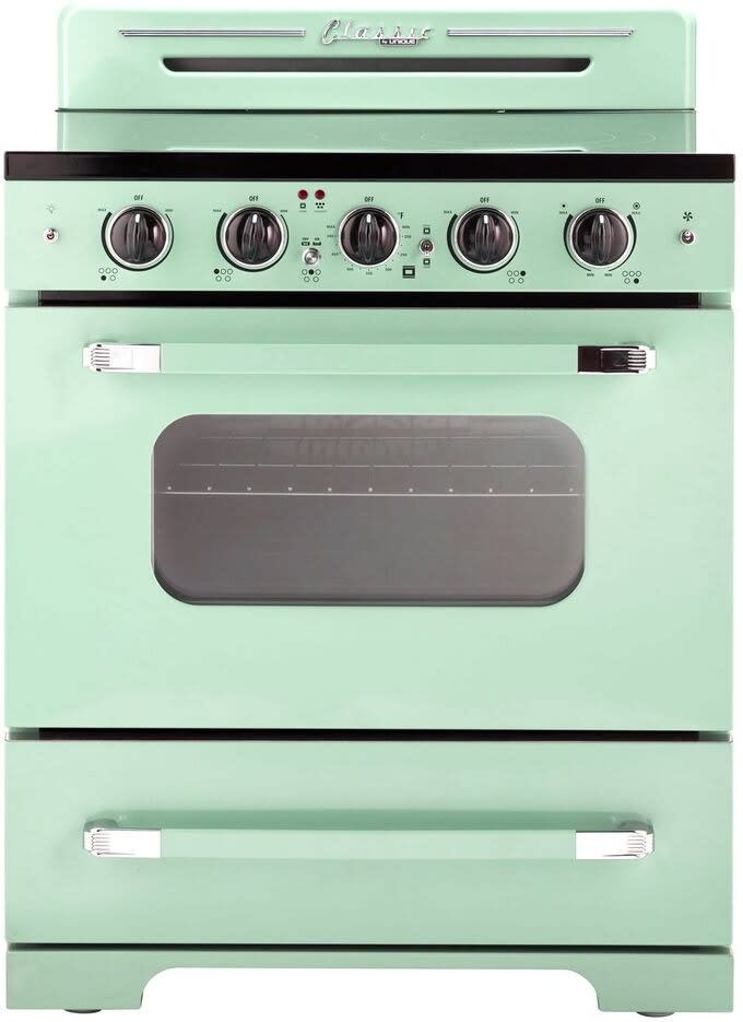 Unique Appliances UGP30CRECLG 30 Inch Freestanding Electric Range with 5 Elements 3.9 cu. ft. Oven Capacity Storage Drawer Convection Oven and ETL Listed Summer Mint Green