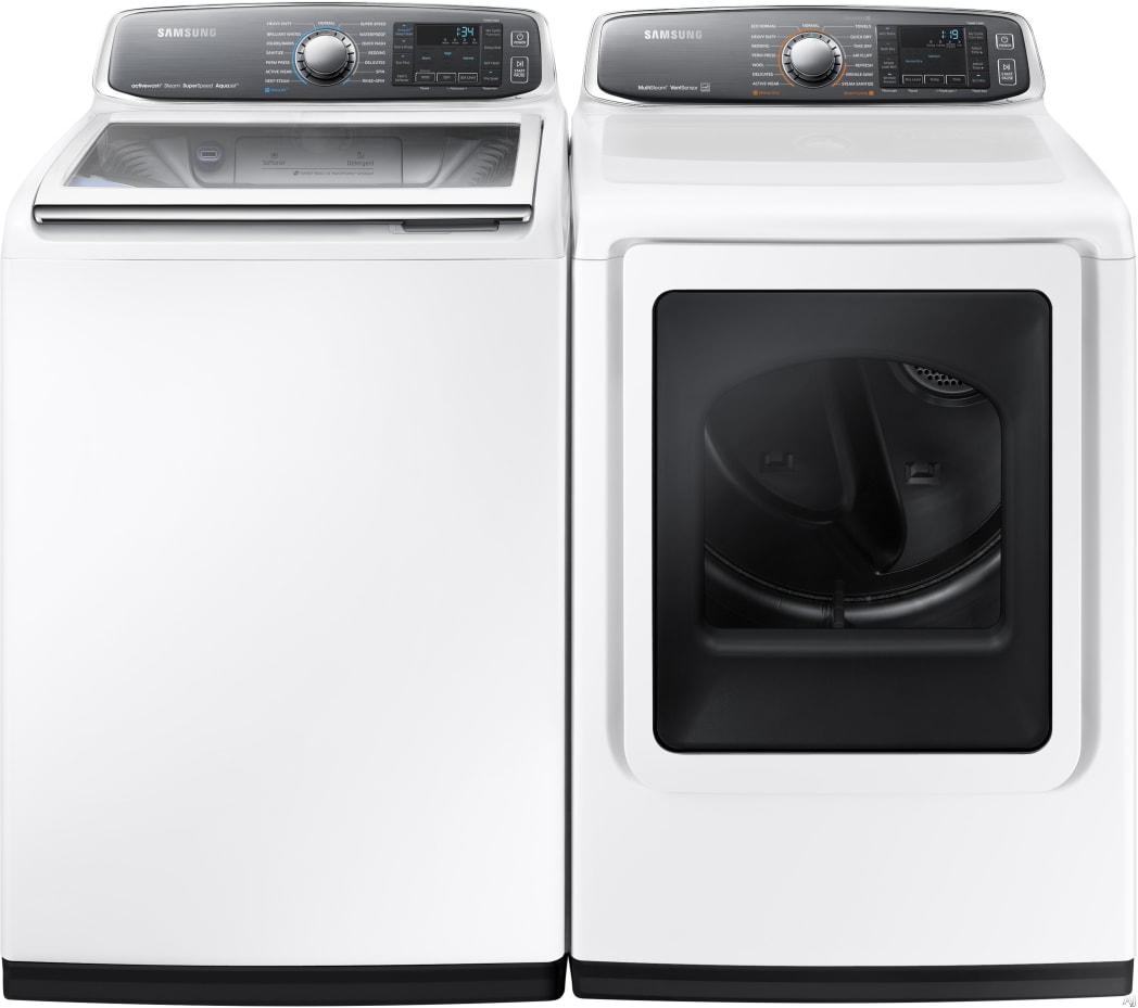Samsung SAWADRGW3 Side by Side Washer Dryer Set with Top Load Washer and Gas Dryer in White