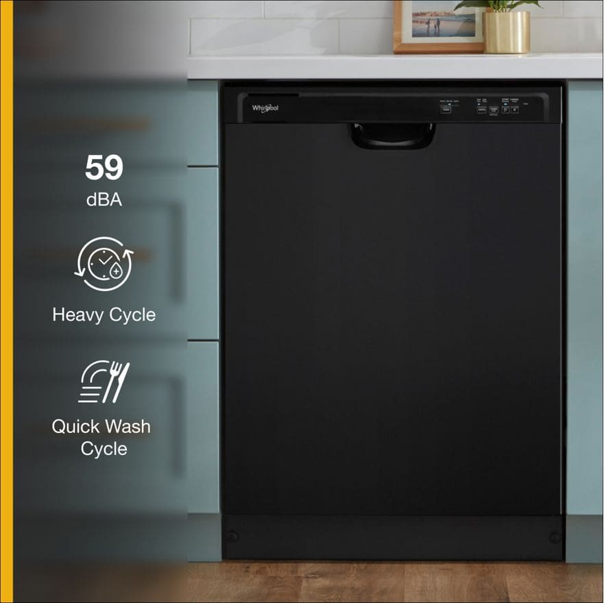 Whirlpool WDF331PAMB 24 Inch Full Console Dishwasher with 12 Place Settings 59 dBA 3 Wash Cycles PVC Coated Racks Plastic Tub Quick Wash Heated