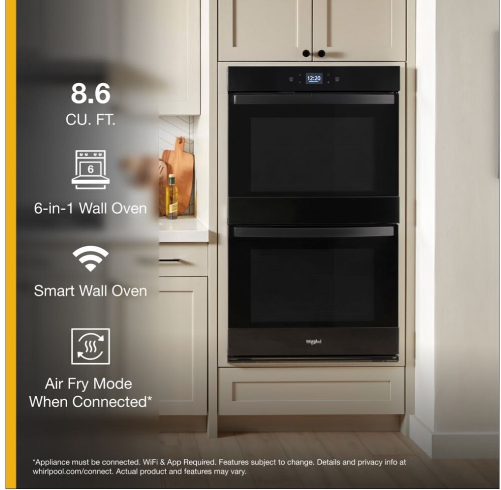 Whirlpool WOED5027LB 27 Inch Double Electric Smart Wall Oven with 8.6 cu. ft. Convection Ovens Steam Clean Air Fry Frozen Bake Rapid Preheat WiFi and Star K Black