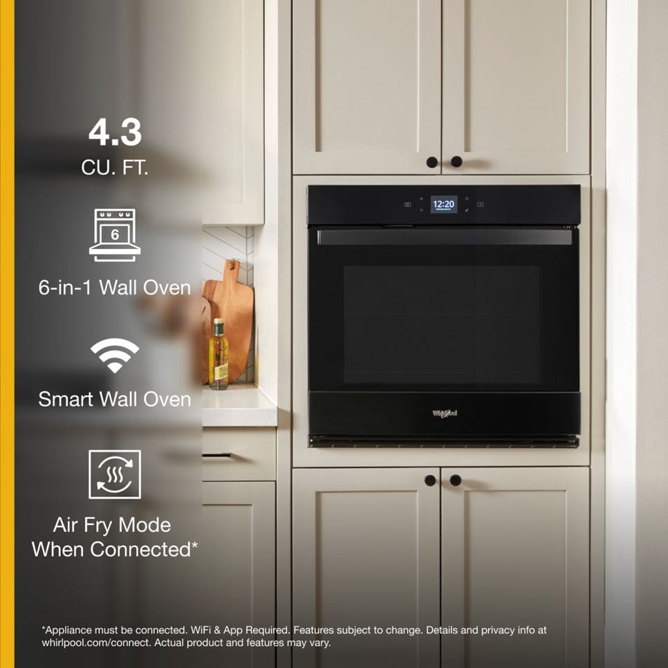 Whirlpool WOES5027LB 27 Inch Single Electric Smart Wall Oven with 4.3 cu. ft. Fan Convection Oven Steam Clean Frozen Bake Air Fry Rapid Preheat WiFi ADA Compliant and Star K Black