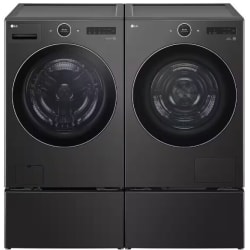 Side-by-Side on Pedestals Front Load Washer and Gas Dryer Set in Black Steel - Side-by-Side on Pedestals Washer and Dryer Set with Front Smart Load Washer and Smart Gas Dryer in Black Steel view