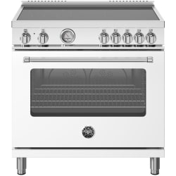 36 Inch Freestanding Induction Range with 5 Elements, 5.9 cu. ft. Total Oven Capacity, European Convection Oven, Bridging Zones, 9 Cooking Modes, Soft-Close Door and ENERGY STAR Certified: Bianco White Matte with Stainless Steel Accents - 36 Inch Freestanding Induction Range with 5 Elements in Front View view