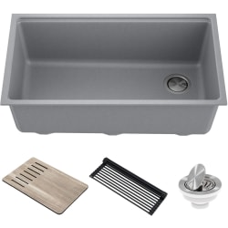 33 Inch Undermount Workstation Single Bowl Kitchen Sink  - Workstation 33  Undermount Granite Composite Single Bowl Kitchen Sink in Metallic Gray with Accessories view