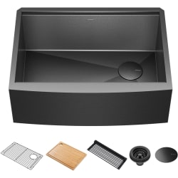 27 Inch Apron Front Kore™ Workstation Farmhouse Single Bowl Kitchen Sink - Workstation 27 Farmhouse Apron Front 16 Gauge Black Stainless Steel Single Bowl Kitchen Sink in PVD Gunmetal Finish with Accessories view