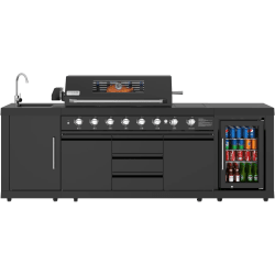 Reserve Outdoor Kitchen Island  - Reserve Outdoor Kitchen Island with 6 Burner Grill, Sink, Storage Cabinet and Beverage Refrigerator in Black view