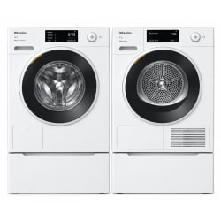 Side-by-Side on Pedestals Front Load Washer and Electric Dryer Set in White - Side-by-Side on Storage Drawer Pedestal Washer & Dryer Set with Front Load Washer and Smart Electric Heat Pump Dryer in Lotus White view