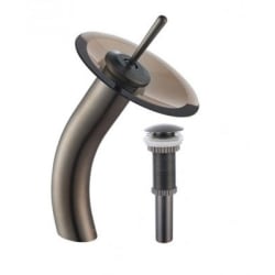 Single Lever Waterfall Vessel Faucet - Waterfall Bathroom Faucet with Clear Brown Glass Disk and Pop-Up Drain in Oil Rubbed Bronze view