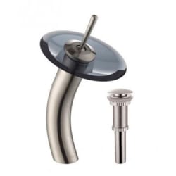 Single Lever Waterfall Vessel Faucet - Waterfall Bathroom Faucet with Clear Black Glass Disk and Pop-Up Drain in Satin Nickel view