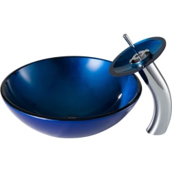17 Inch Irruption Blue Glass Bathroom Vessel Sink and Waterfall Faucet Combo Set  - Irruption Blue Glass Bathroom Vessel Sink view