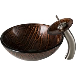 17 Inch Tempered Glass Vessel Sink  - Brown Glass Vessel 17" Bathroom Sink w/ Waterfall Faucet and Pop-Up Drain in Satin Nickel view