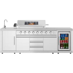 Reserve Outdoor Kitchen Island  - Reserve Outdoor Kitchen Island with 6 Burner Grill and Side Burner, Sink, Storage Cabinet and Beverage Refrigerator in Stainless-Steel view