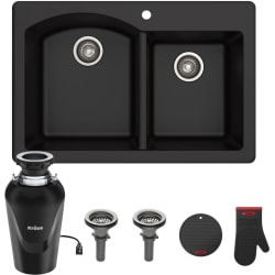 33 Inch Dual Mount Double Bowl Granite Kitchen Sink  - 33" Undermount Double Basin Granite Kitchen Sink with Basket Strainer and Garbage Disposal view