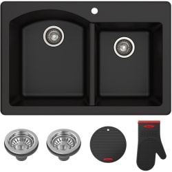 33 Inch Dual Mount 60/40 Double Bowl Granite Kitchen Sink - Black Main View view