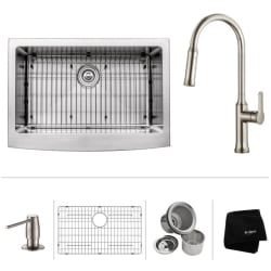 33 Inch Farmhouse Single Bowl Stainless Steel Kitchen Sink Set  - 30" Apron Front Single Bowl Sink with Pull-Down Kitchen Faucet, Soap Dispenser, Dish Grid, Drain and Kraus Towel view