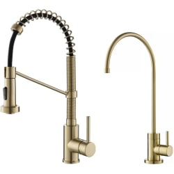 Single Handle Pull-Down Kitchen Faucet  - Commercial Style Pull-Down Kitchen Faucet and Water Filter Faucet Combo in Spot Free Antique Champagne Bronze view