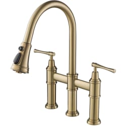 Transitional Bridge Pull-Down Kitchen Faucet - Allyn™ Transitional Bridge Kitchen Faucet with Pull-Down Sprayhead in Brushed Gold view