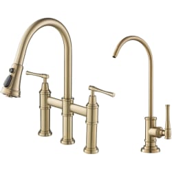 Transitional Bridge Pull-Down Kitchen Faucet - Allyn™ Transitional Bridge Kitchen Faucet and Water Filter Faucet Combo in Brushed Gold view