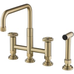 Industrial Bridge Kitchen Faucet - Urbix™ Industrial Bridge Kitchen Faucet with Side Sprayer in Brushed Gold view