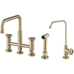 Industrial Bridge Kitchen Faucet - Urbix™ Industrial Bridge Kitchen Faucet and Water Filter Faucet Combo in Brushed Gold view