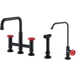 Industrial Bridge Kitchen Faucet - Urbix™ Industrial Bridge Kitchen Faucet and Water Filter Faucet Combo in Matte Black/Red view