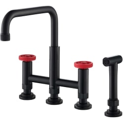 Industrial Bridge Kitchen Faucet - Urbix™ Industrial Bridge Kitchen Faucet with Side Sprayer in Matte Black/Red view
