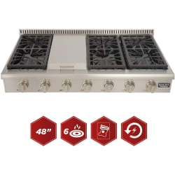 48 Inch Gas Rangetop with 6 Sealed Burners, Stainless Steel Griddle, Black Porcelain Drip Pan, Heavy Duty Cast-Iron Cooking Grates, LED Lights, High Quality Control Knobs, and Electronic Ignition With Auto Re-Ignition: Natural Gas - 48 Inch Gas Rangetop with 6 Sealed Burners view