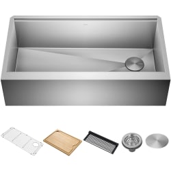 36 Inch Kore™ Workstation Single Bowl Farmhouse Flat Apron Front Stainless Steel Kitchen Sink - 36 Inch Kore™ Workstation Single Bowl Farmhouse Flat Apron Front Stainless Steel Kitchen Sink with Five Piece Chef's Kit view