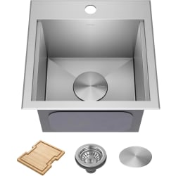 15 Inch Kore™ Top Mount Workstation Single Bowl Kitchen Sink - 15" Drop-In Top Mount Workstation 16 Gauge Stainless Steel Square Single Bowl Kitchen Bar Sink with Accessories view