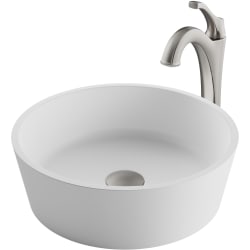 15 Inch White Matte Solid Surface Round Bathroom Vessel Sink and Arlo™ Faucet Combo Set  - Brushed Nickel view