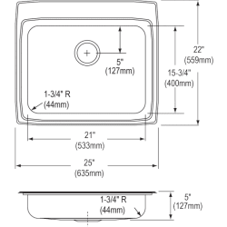 25 Inch Top Mount Single Bowl Drop-In Sink  - Single Bowl Drop-In Kitchen Sink Dimension view