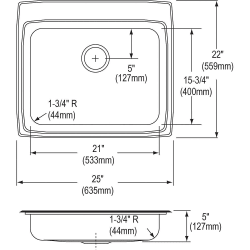 25 Inch Top Mount Single Bowl Drop-In Sink  - 25 Inch Stainless Steel Single Bowl Drop-In Kitchen Sink Dimension view