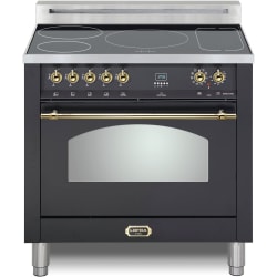 36 Inch Freestanding Induction Range with 5 Heating Zones, 1 Bridge Zone, Rapid Boil, Simmer, Power Boost, 9 Cooking Modes, Convection Oven, Broil, True European Convection, 2 Oven Lights, Removable Door and Ventilated Door with Cooling System: Matte Black with Brass Trim - 36 Inch Freestanding Induction Range view