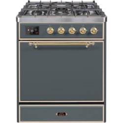 30 Inch Freestanding Dual Fuel Range in 5 Sealed Burners, 4 cu. ft. Oven Capacity, Storage Drawer, and 4.3" TFT Full Touch Screen: Blue Grey, Brass Trim - LP - Majestic II 30 Inch Dual Fuel Liquid Propane Freestanding Range in Blue Grey with Brass Trim view